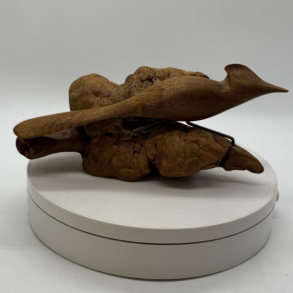 MCM Vtg Carved Myrtle Wood PNW Studio Art BIRD on BURL WOOD BASE Signed BH